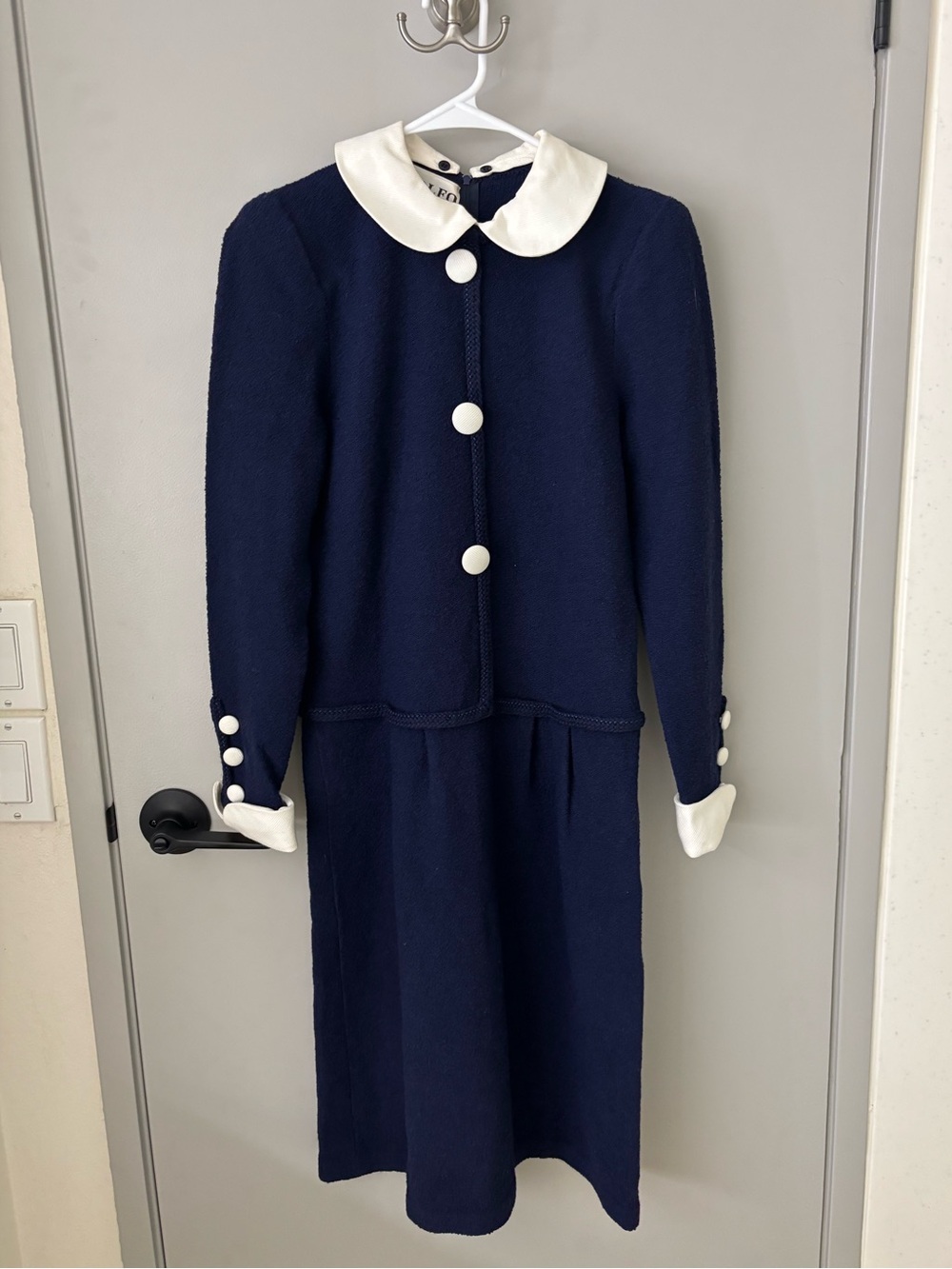 Vintage Adolfo New York Neiman Marcus Navy Wool Dress Peter Pan Collar
